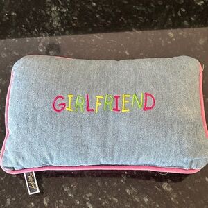 Girlfriend Embroidered Denim Pillow with Pink Trim